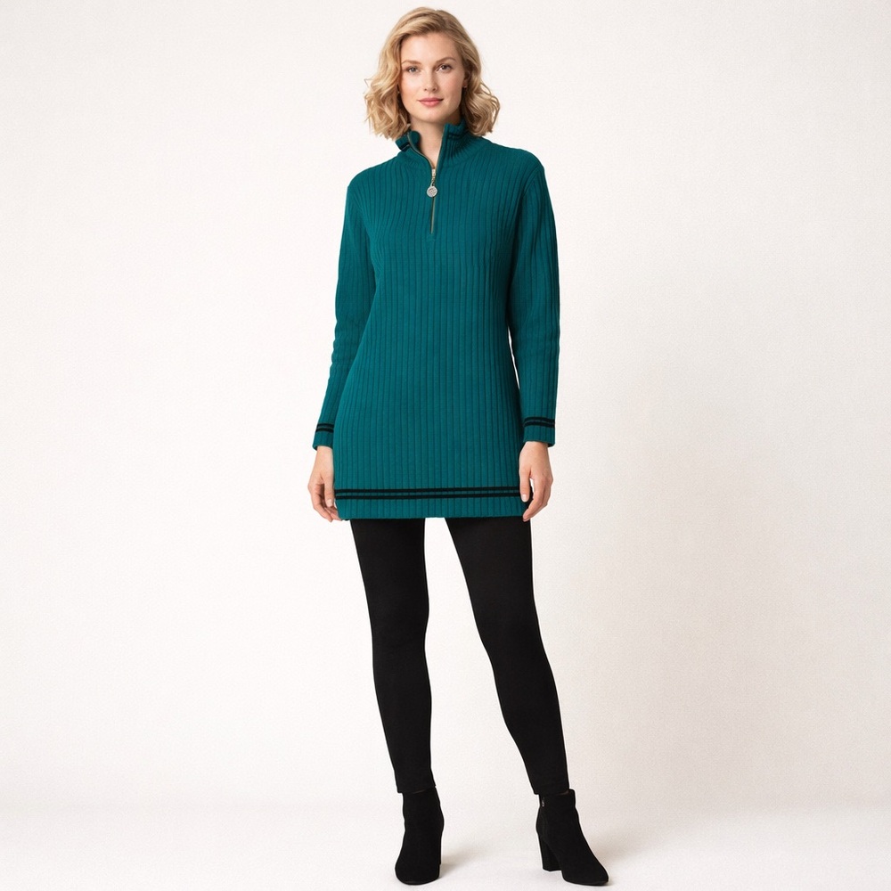 Classiques Entier 100% Merino Wool Ribbed 1/4 Zip Tunic Sweater M Teal Old Money